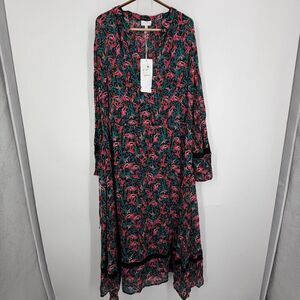 Escada Fantasy Bird Print Lace Trim Long Sleeve Maxi Dress Size 44 NWT